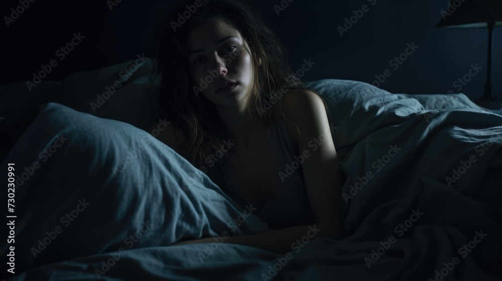 A woman lies in bed in a dark room and suffers from nightmares and insomnia. - obrazy, fototapety, plakaty 