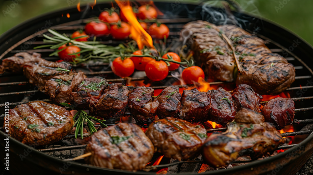 grilled meat and vegetables is cooking on open fire, imparting a smoky flavor and distinctive char marks. Concept of with outdoor cooking, barbecues.