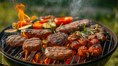 Meat and vegetables are being cooked over an open fire, infusing a smoky flavor and creating distinct char marks. This illustrates the concept of outdoor cooking and barbecues.