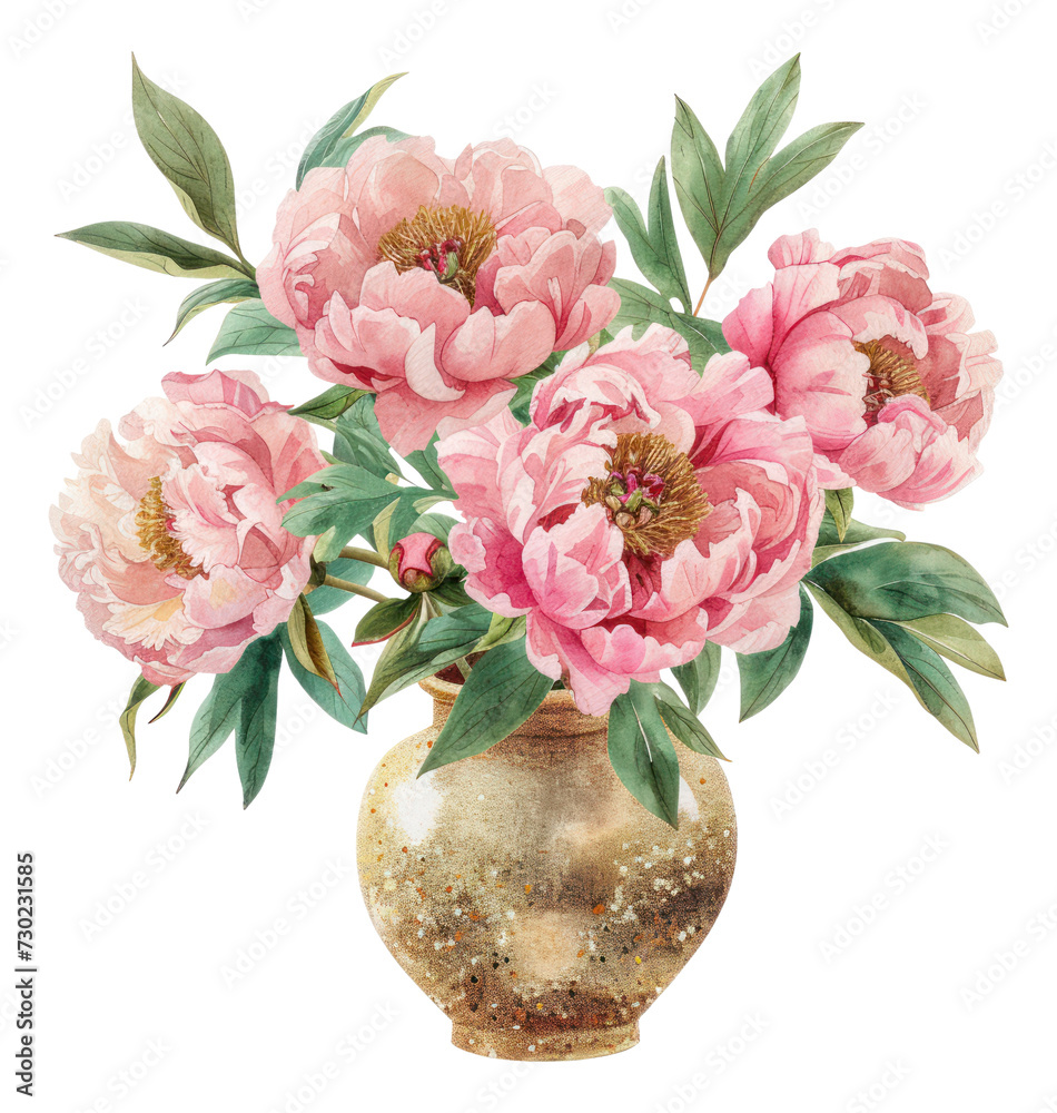 A luxurious watercolor illustration of a vase filled with peonies, featuring golden glitter accents in a glamour style, ideal for elegant decor.
