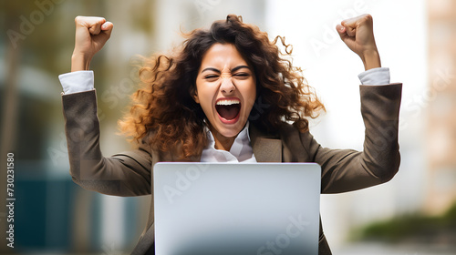 Triumphant Success: Businesswoman Cheering in Excitement Over a Positive Result