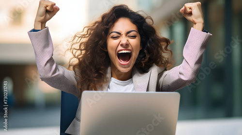Triumphant Thrive: Business Woman Cheers in Excitement Celebrating a Positive Result