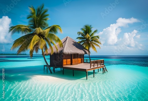 Bungalow on the shore of a paradise island. Tropical island in the ocean. House on an island under palm trees among the blue water of the ocean