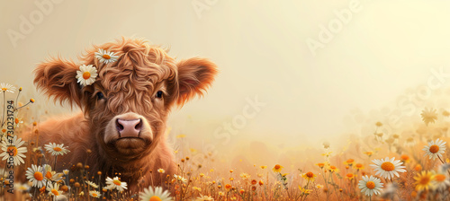 banner of little cute highland cow on Daisy background. Scottish breed of rustic cattle. springtime photo