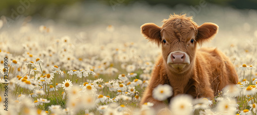 banner of little cute highland cow on Daisy background. Scottish breed of rustic cattle. springtime photo