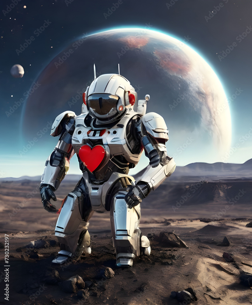 Futuristic robot love with a planet in the background