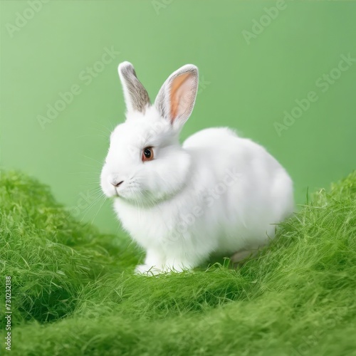 Easter bunny on grass on spring green background