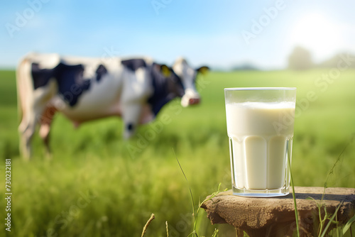 Close up of glass of milk with cow on meadow in blurry background