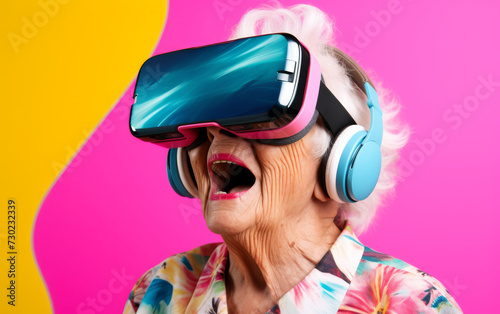 An elderly woman wearing virtual reality goggles opened her mouth in astonishment at the colourful background in bright colourful tones