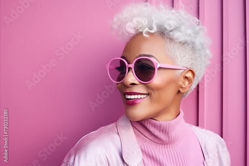 Portrait of a beautiful african american woman with pink sunglasses on pink background