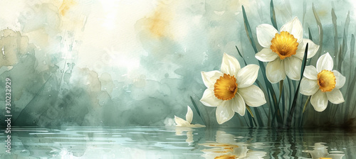 watercolor illuatration of white and yellowNarcissus, genus of predominantly spring flowering perennial plants. daffodil
 photo