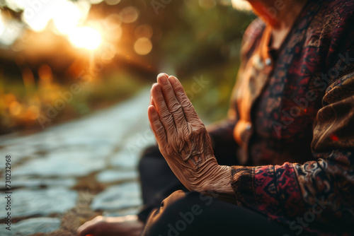 Elderly woman doing yoga outdoors, leisure activities for seniors healthy lifestyle
