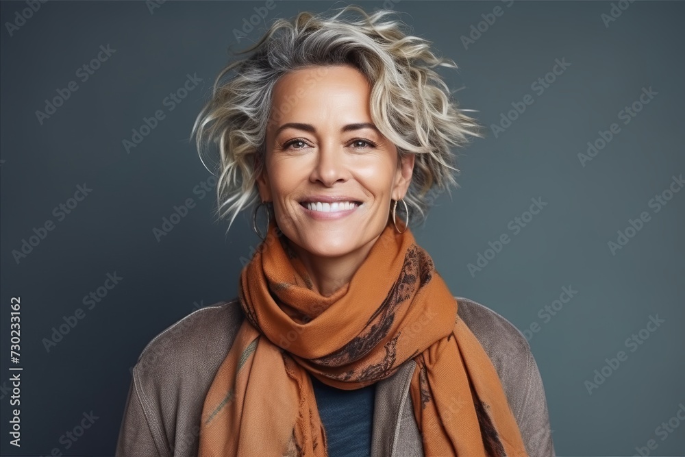 Portrait of a beautiful middle-aged woman with short blond hair and brown scarf