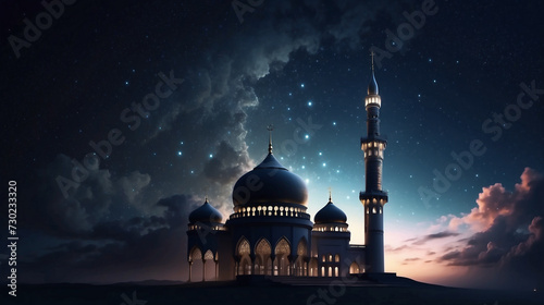 mosque at the beautyful village behind the hill in the night with cloud soft color of the sky Crescent moon and stars amazing night photo