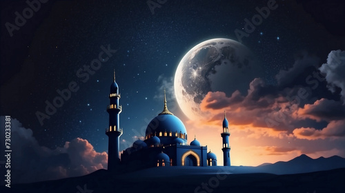 mosque at the beautyful village behind the hill in the night with cloud soft color of the sky Crescent moon and stars amazing night © pow McD