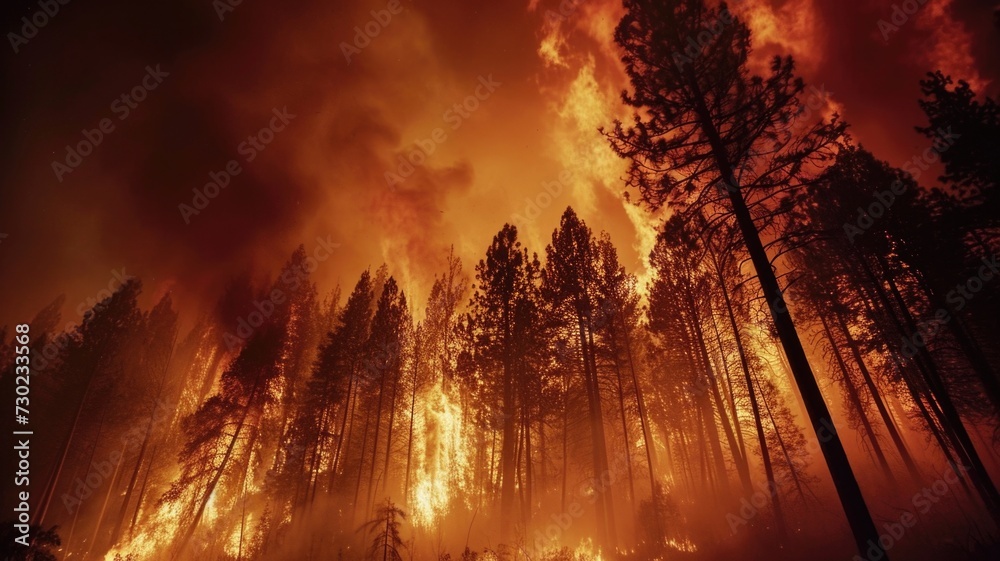 Blazing night fire consuming a dense forest