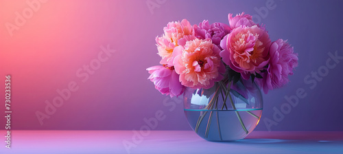 peony in the transparent vase on the purple background