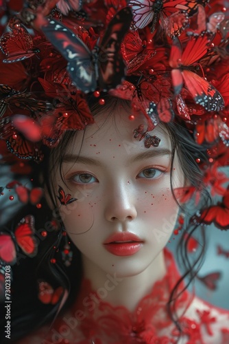 Portrait of a girl in red butterflies. 3d illustration