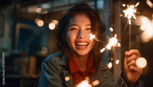 One smiling woman enjoying the warmth of a glowing fire generated by AI