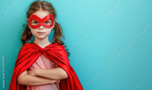 young girl superhero with red mask and cape posing confidently,  power concept , with copy space for text  photo