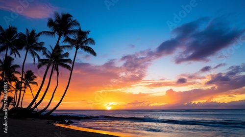 Tranquil beach sunset with palm trees silhouetted against the sky