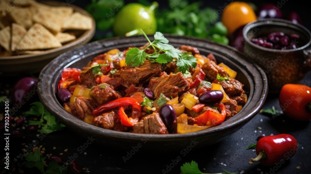 Aromatic and spicy Mexican chiliconcarne - stewed meat with vegetables