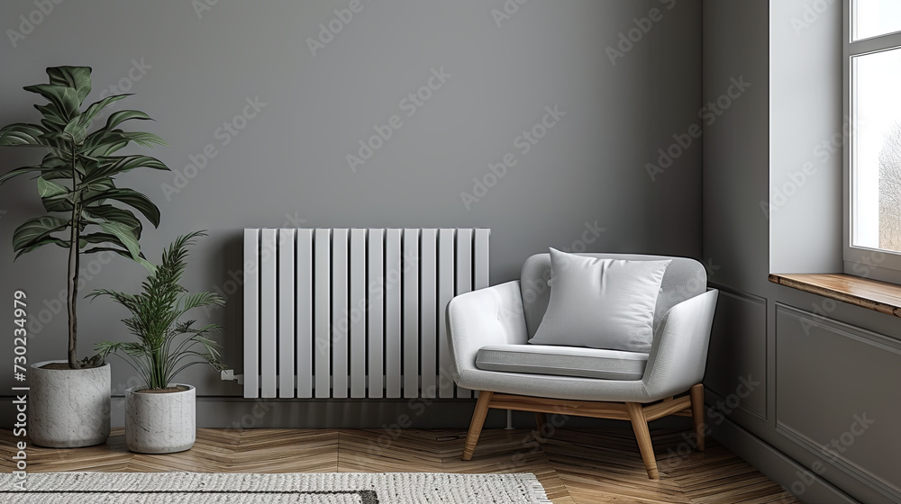 white heating battery on the grey wall in an apartment with armchair and green houseplants. - obrazy, fototapety, plakaty 