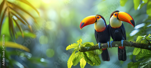A pair of toucans on a branch on a background of jungle plants photo