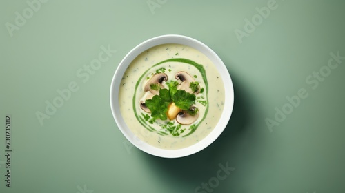 Mushroom cream soup on a soft green background, copyspace top view.