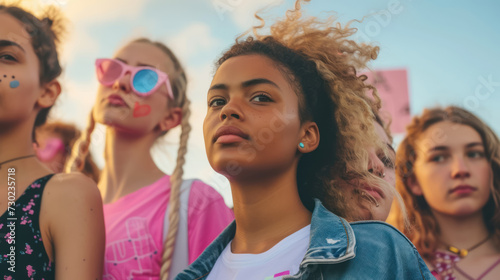 pensive young woman in a diverse crowd at an outdoor event, girl power concept 