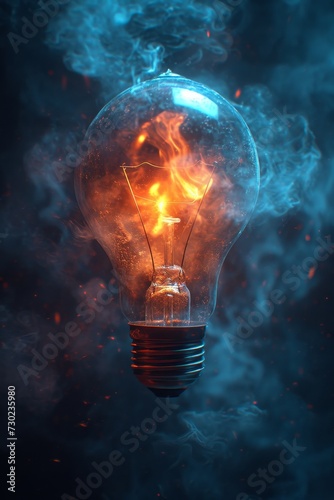 An ordinary incandescent light bulb burning in smoke on a black background
