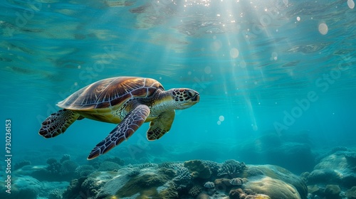 Beneath the serene waters of a tropical reef  a majestic sea turtle gracefully glides through the clear blue ocean. 