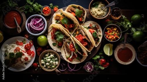 Mexican Tacos al pastor, traditional food. Variety of fillings and sauces