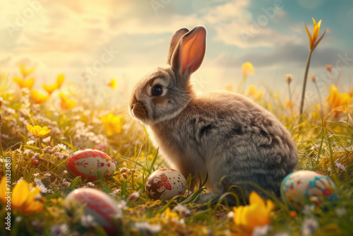 Fluffy Easter bunny among painted eggs on sunny field