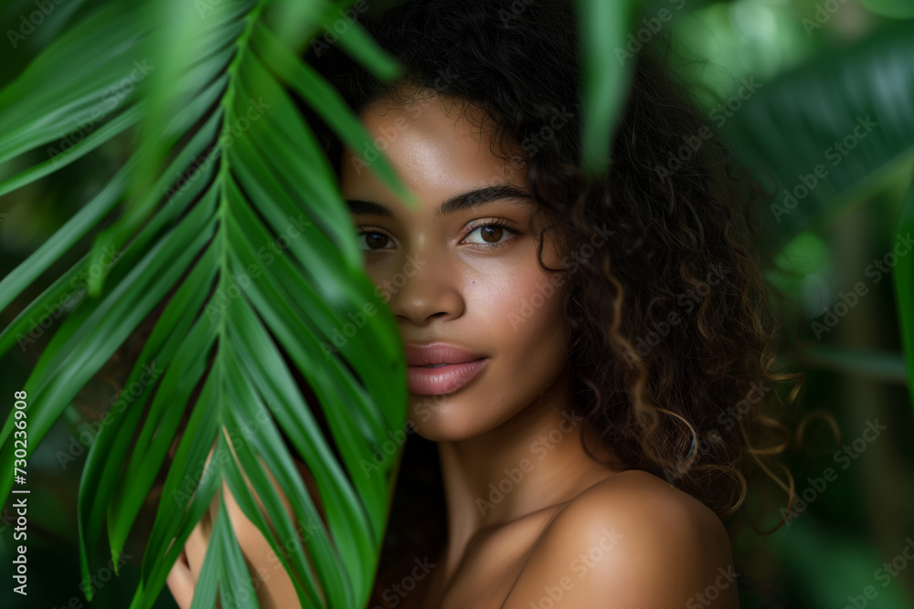 Portrait of a beautiful model-looking girl next to green tropical plants Portrait of a beautiful model-looking girl next to green tropical plants