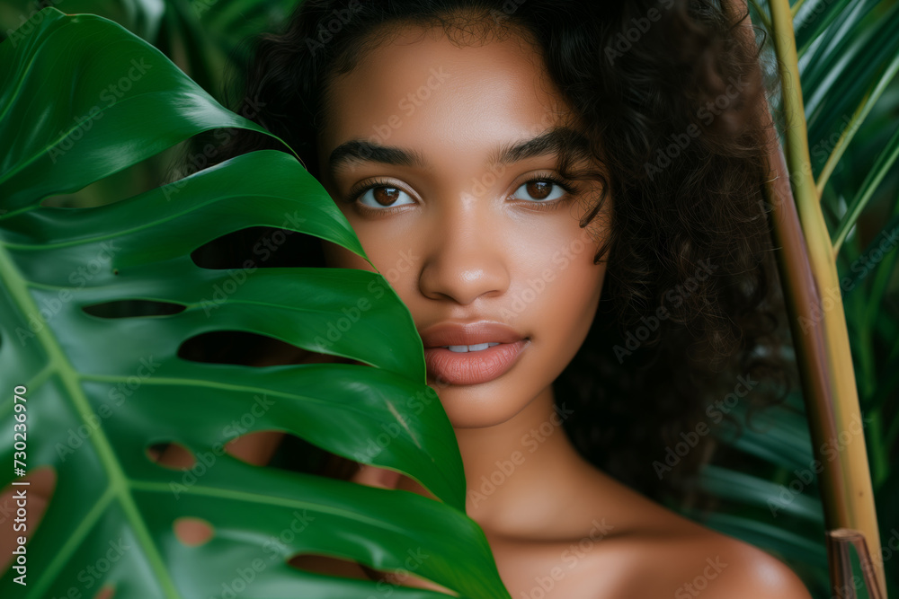 Portrait of a beautiful model-looking girl next to green tropical plants Portrait of a beautiful model-looking girl next to green tropical plants
