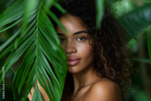 Portrait of a beautiful model-looking girl next to green tropical plants