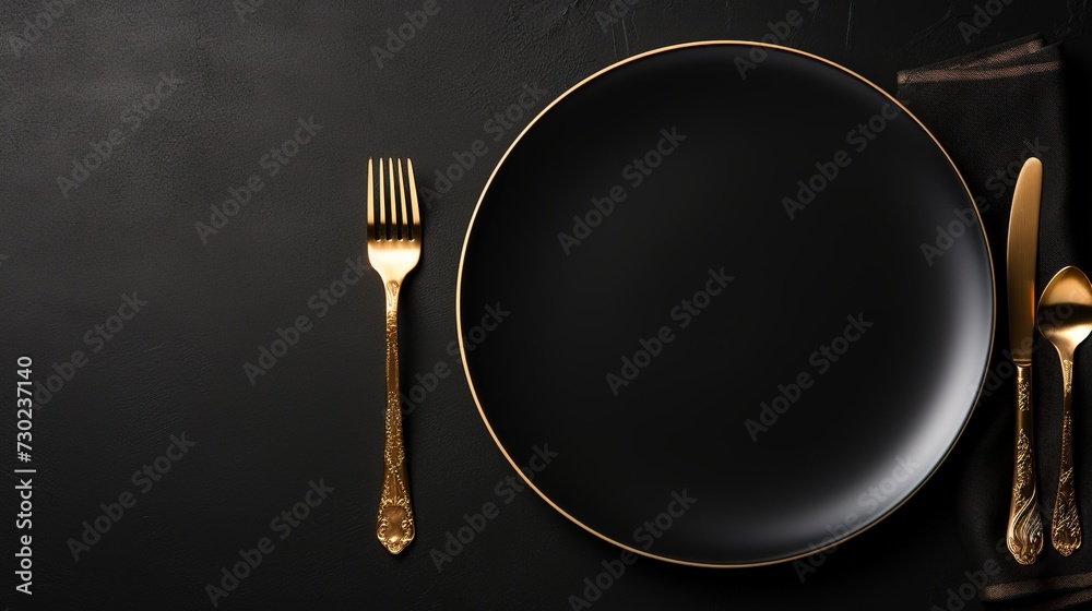 Table set with plate, knife and fork on black background. Top view and copy space
