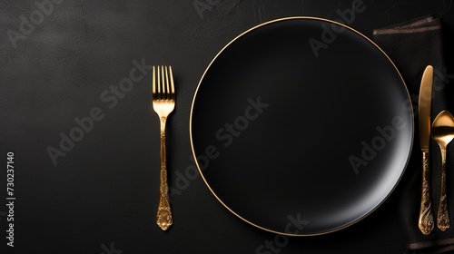 Table set with plate, knife and fork on black background. Top view and copy space