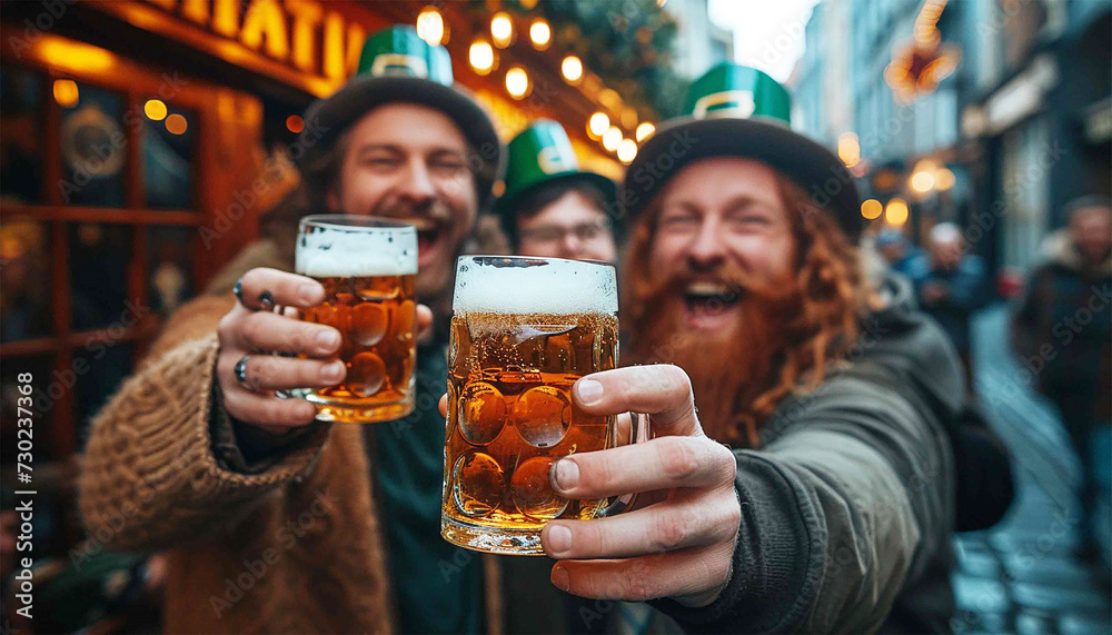 Friends celebrating St Patricks day with drinks in a bar. Saint Patrick Day party in pub with friends. Male friends getting drunk Irish Fetival Friends celebrating St Patricks day with drinks in a bar. Saint Patrick Day party in pub with friends. Male friends getting drunk Irish Fetival