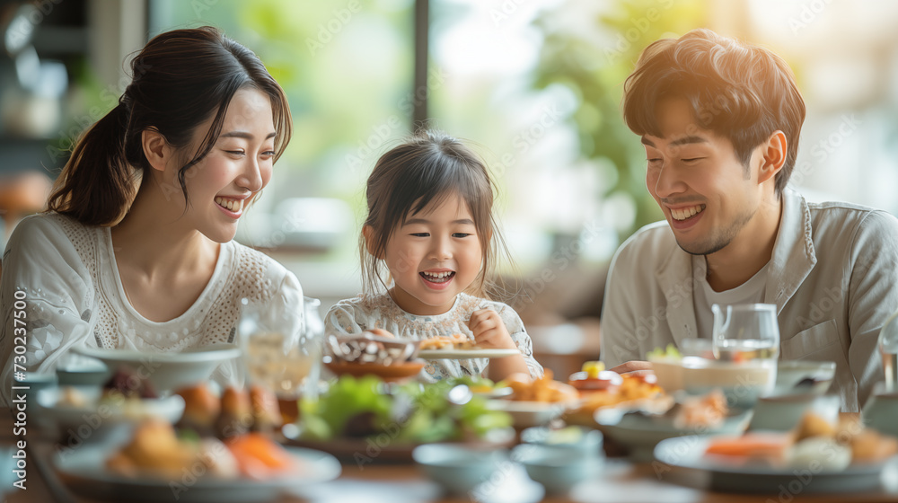 Happy asian family having breakfast together in the morning at home.