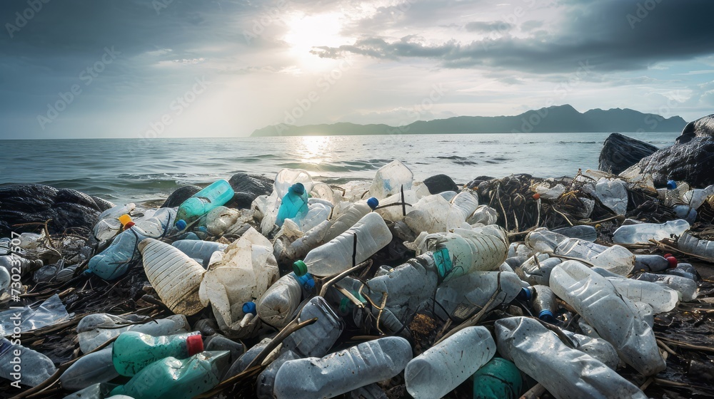 Plastic pollution in the form of discarded bottles and bags Plastic pollution in the form of discarded bottles and bags