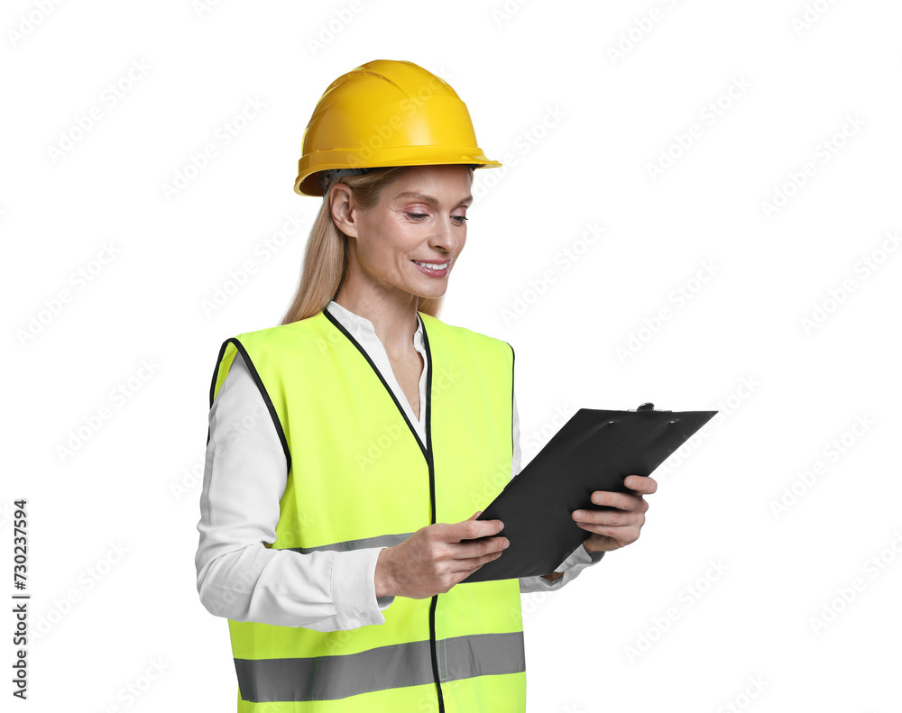 Engineer in hard hat holding clipboard on white background