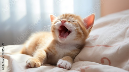 Playful kitty caught in a delightful mid stretch yawn photo