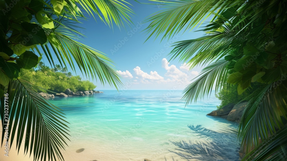 Tropical Beach Paradise Realism. A hyperrealistic tropical beach paradise with crystal clear waters and lush palms.