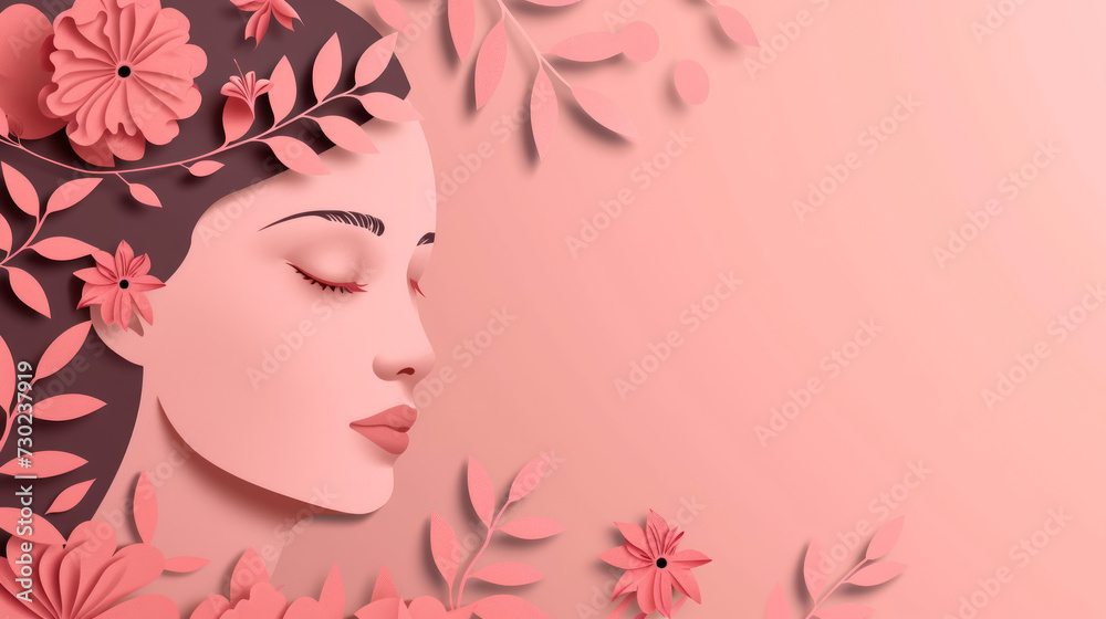 abstract floral paper cut design with female silhouette for artistic background wuth copy space for text , women's day and mothers celebrating day 