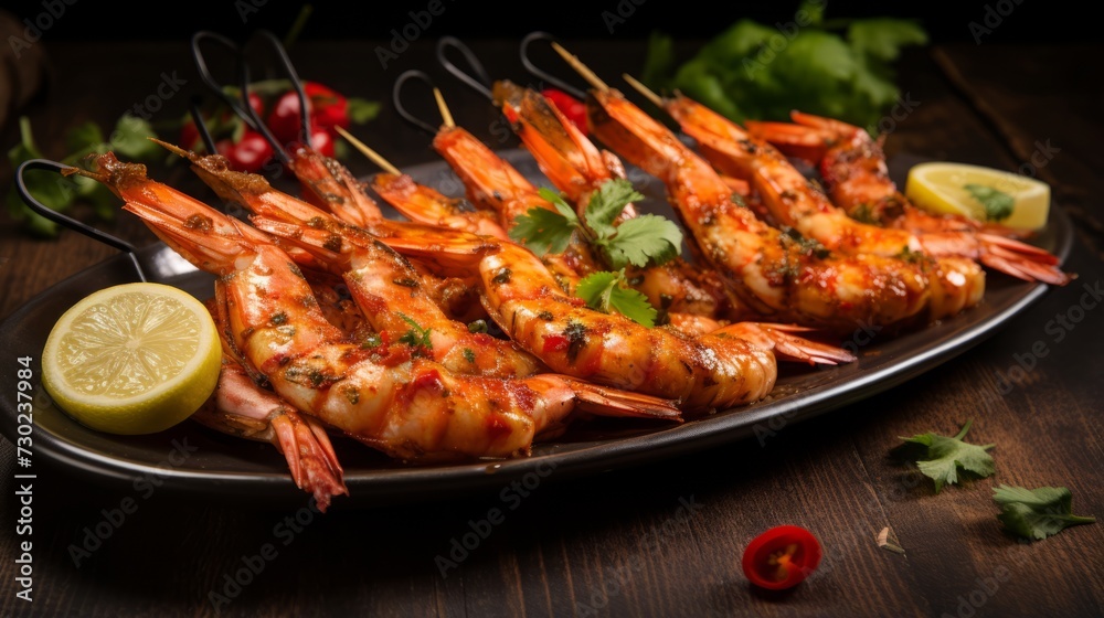 Skewers of BBQ prawns with a vibrant marinade, an appetizing spectacle