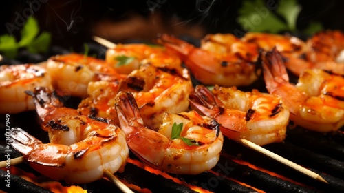Skewered BBQ prawns grilling to juicy tenderness, a delectable delight