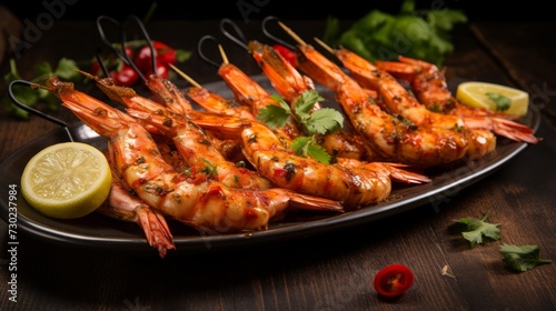 Skewers of BBQ prawns with a vibrant marinade, an appetizing spectacle