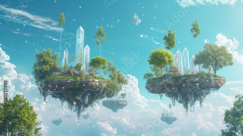 Mythical Levitating Landmasses with Crystal Towers. Mythical landmasses with lush greenery and soaring crystal towers.